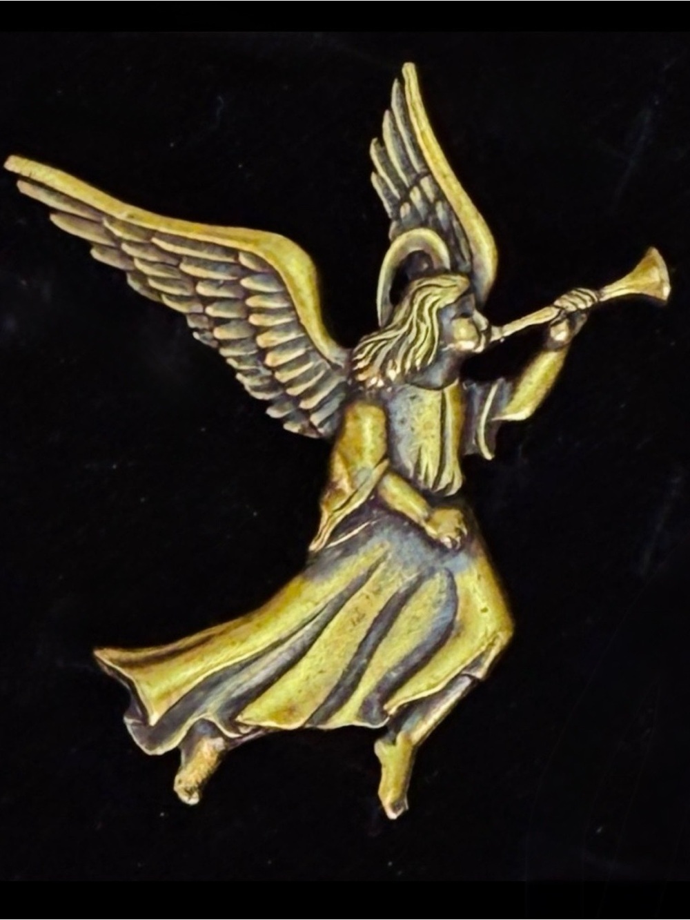 Vintage Brasstone Angel wings Horn Holiday Brooch Pin